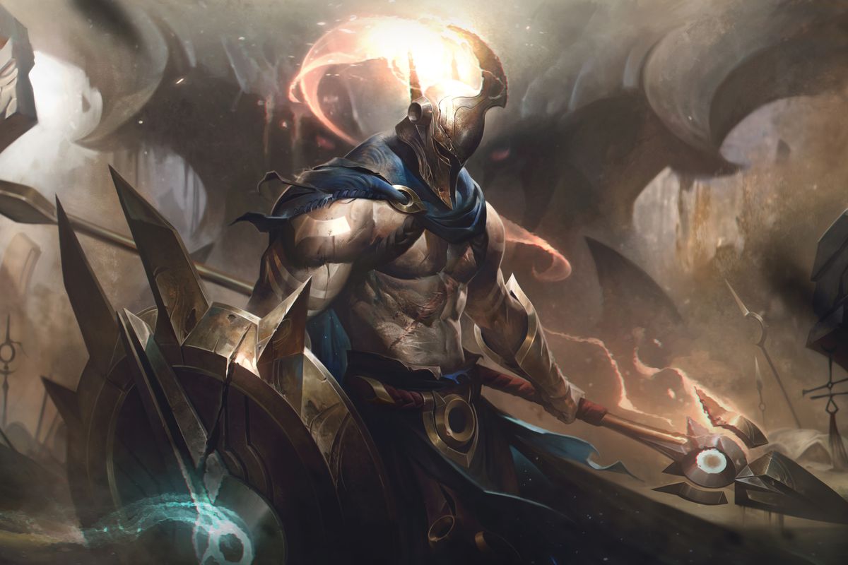 Pantheon’s base splash art, where he’s shimmering and glowing in front of a menacing Aatrox in the background