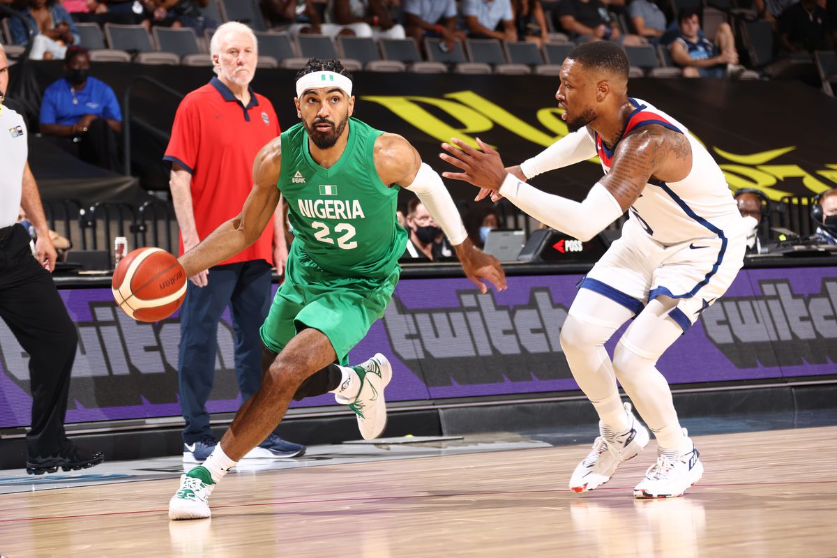 Gabe Vincent of the Nigeria Men’s National Team drives to the basket during the game against the USA Men’s National Team on July 10, 2021 at Michelob ULTRA Arena in Las Vegas, Nevada.