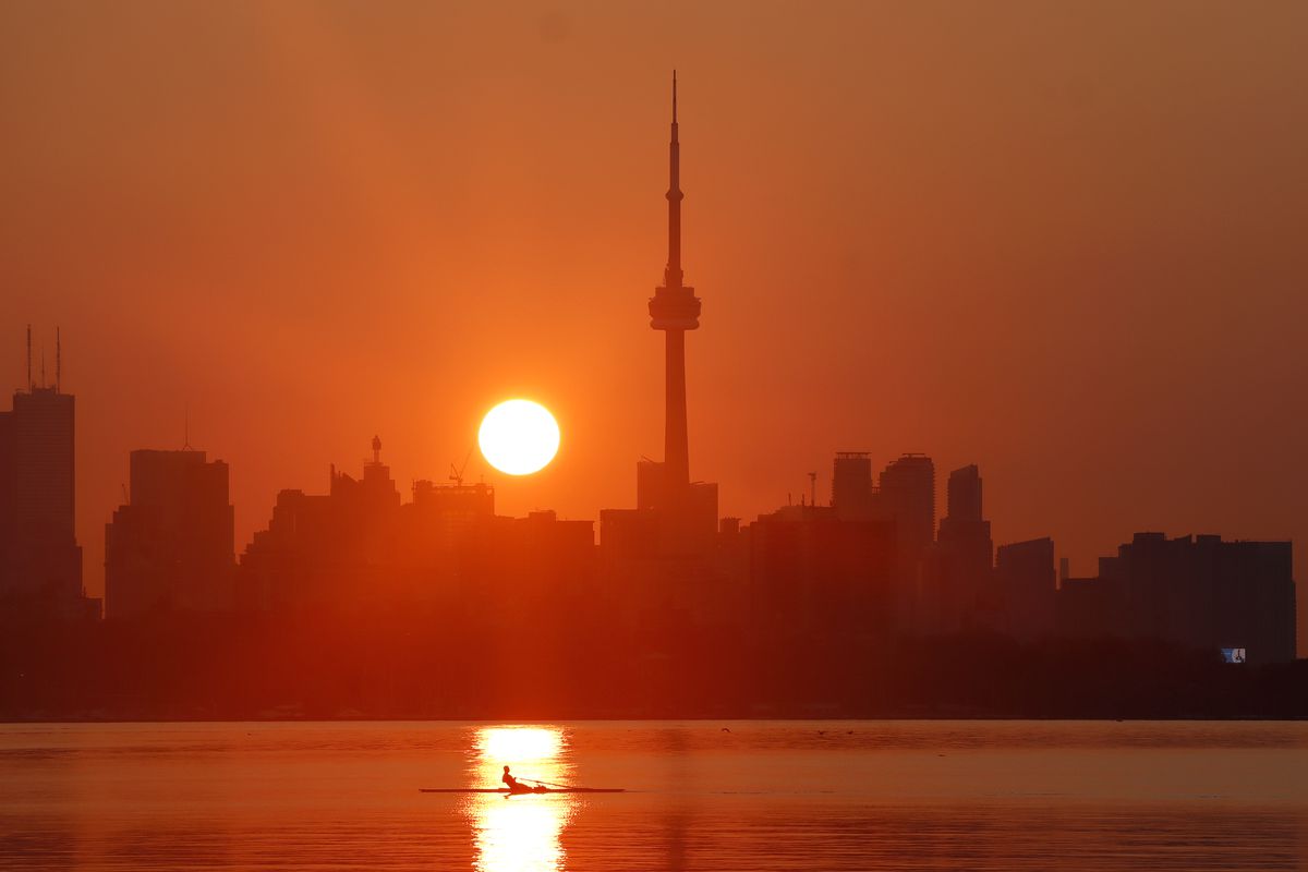 Sunrise Behind the CN Tower in Toronto, Canada