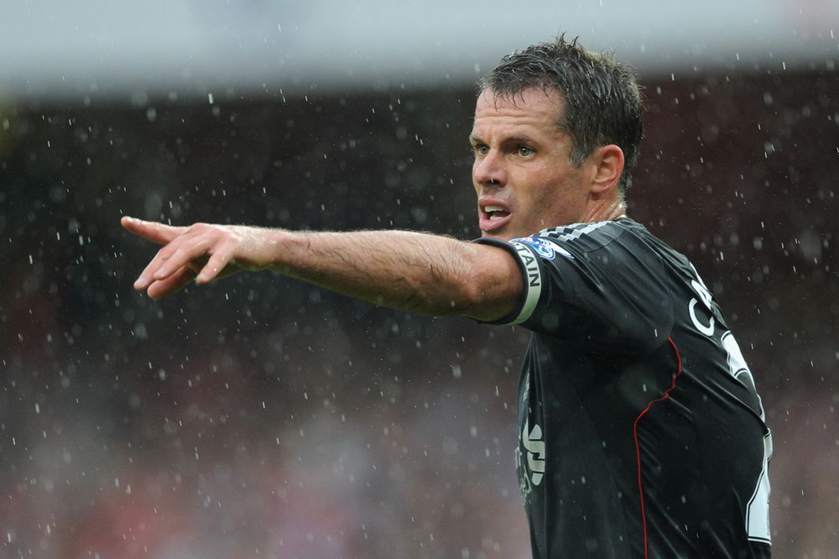 LONDON, ENGLAND - AUGUST 20:  Jamie Carragher of Liverpool directs his team during the Barclays Premier League match between Arsenal and Liverpool at the Emirates Stadium on August 20, 2011 in London, England.  (Photo by Michael Regan/Getty Images)