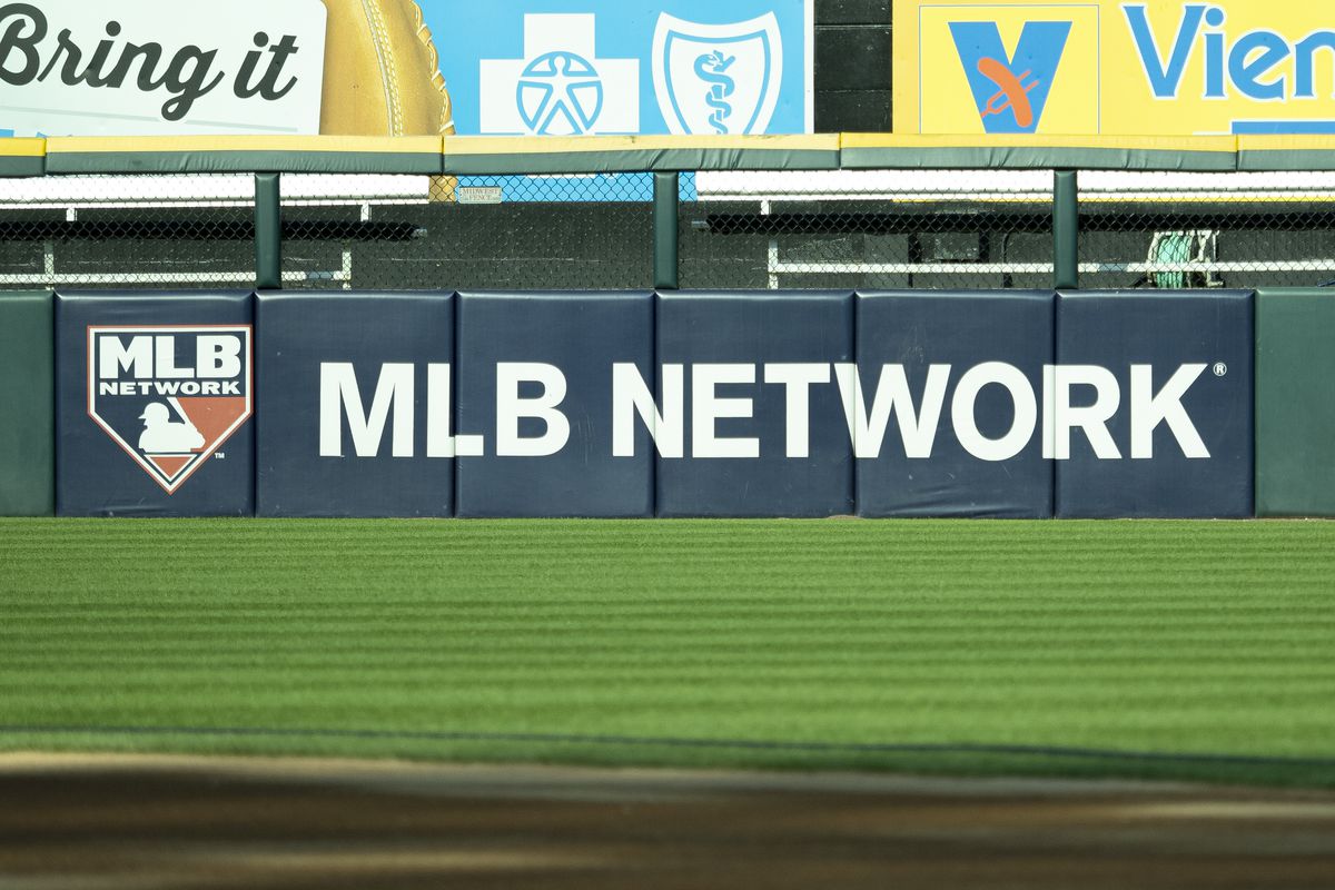A view of the MLB Network logo before the MLB regular season game between the Minnesota Twins at the Chicago White Sox on July 25, 2019, at Guaranteed Rate Field in Chicago, IL.