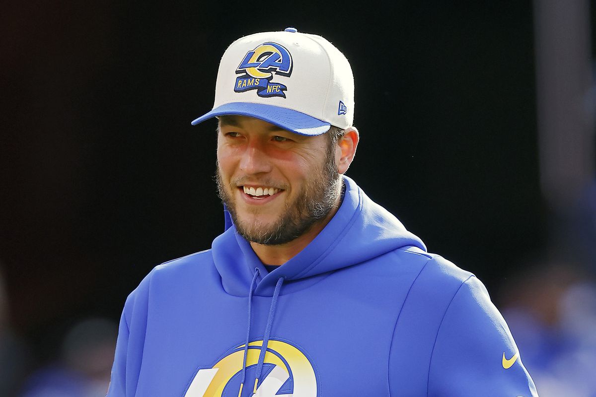 Matthew Stafford #9 of the Los Angeles Rams reacts before a game against the Kansas City Chiefs at Arrowhead Stadium on November 27, 2022 in Kansas City, Missouri.