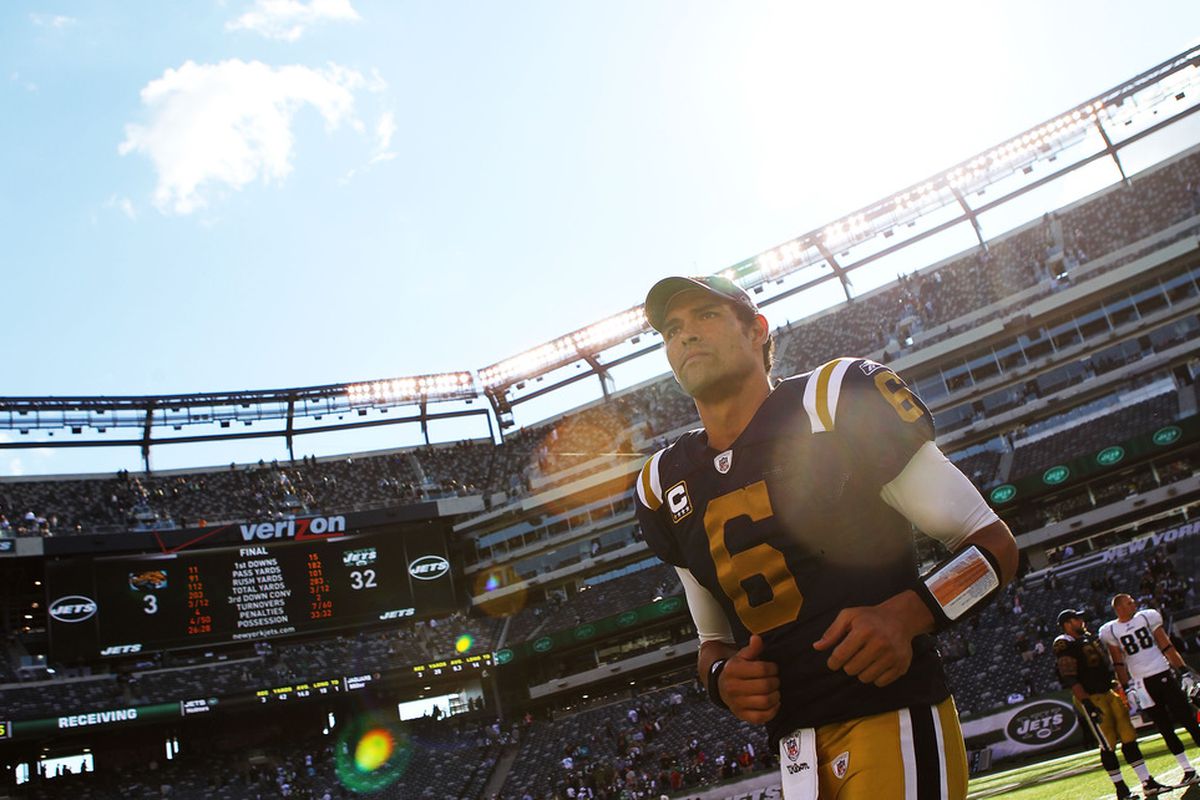 EAST RUTHERFORD, NJ - SEPTEMBER 18: Mark Sanchez #6 of the New York Jets leaves the field after the win over the Jacksonville Jaguars at MetLife Stadium on September 18, 2011 in East Rutherford, New Jersey.  (Photo by Nick Laham/Getty Images)