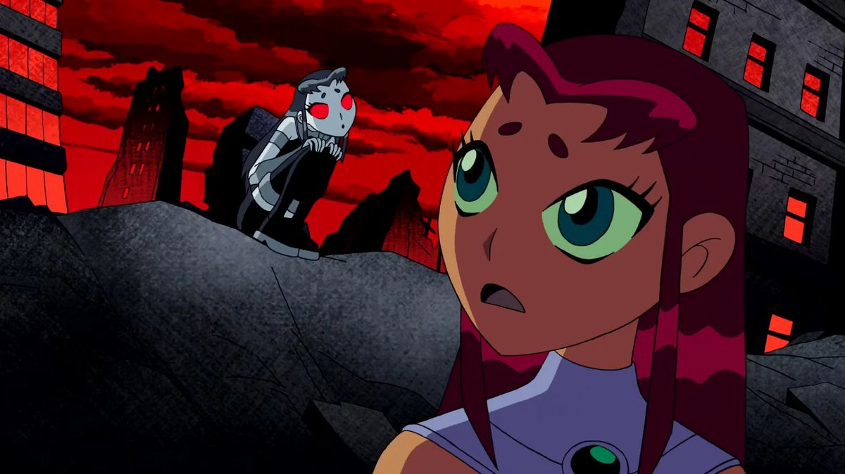 Starfire looking back anxiously at a ghostly version of herself with red eyes
