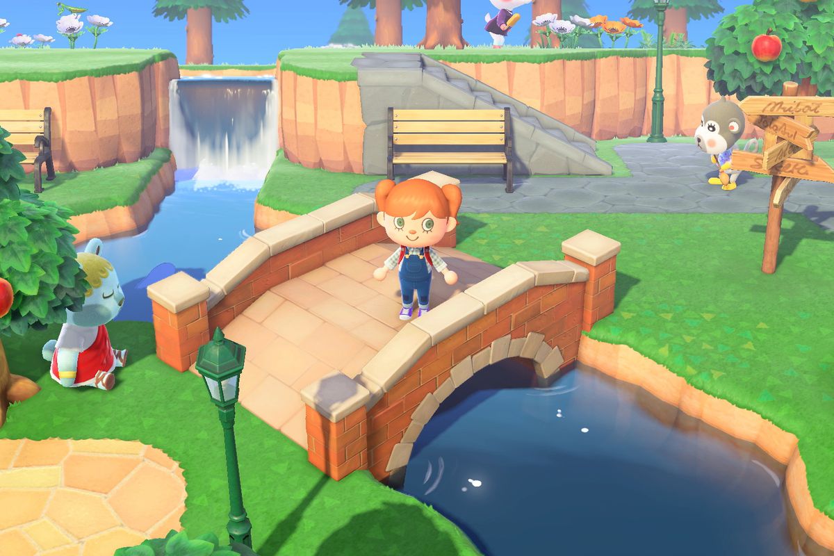 A villager stands on a stone bridge in a screenshot from Animal Crossing: New Horizons