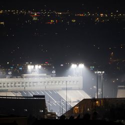 The lights are left on overnight at LaVell Edwards Stadium in Provo on Thursday, Dec. 29, 2016 as a tribute to the stadium's namesake, who died Thursday at age 86.