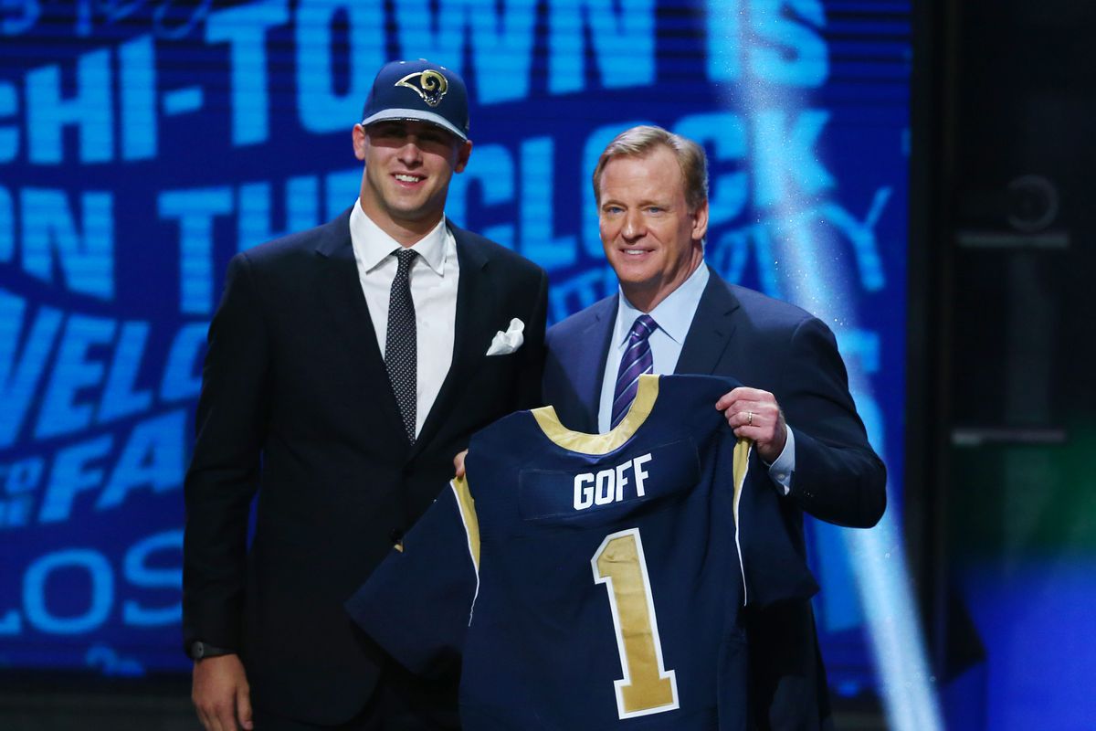 QB Jared Goff poses with NFL Commissioner Roger Goodell after being taken with the #1 overall pick in the 2016 NFL Draft by the Los Angeles Rams, Apr. 28, 2016.
