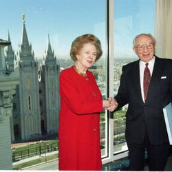 British Prime Minister Margaret Thatcher meets with LDS Church President Gordon B. Hinckley in 1996 on a visit to Utah.