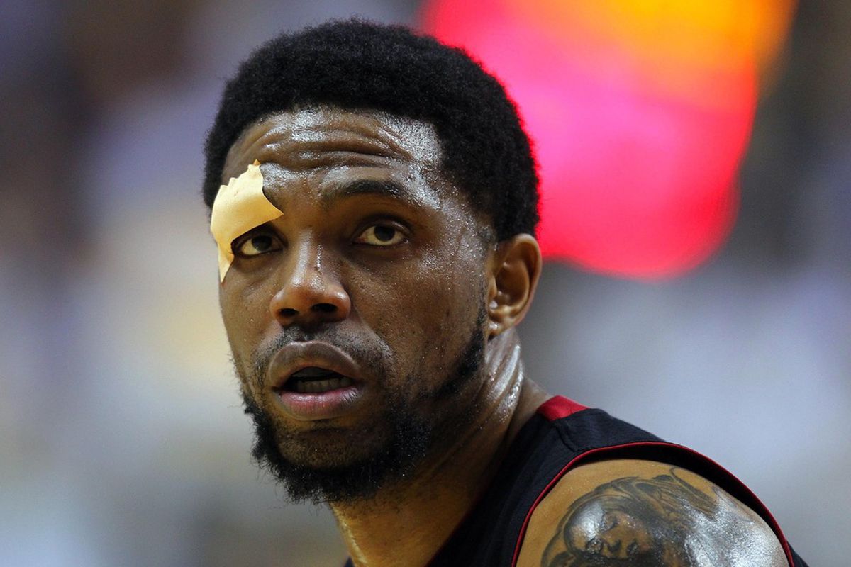 May 20, 2012; Indianapolis, IN, USA; Miami Heat power forward Udonis Haslem looks against the Indiana Pacers during game four of the Eastern Conference semifinals at Bankers Life Fieldhouse. Miami defeated Indiana 101-93. 