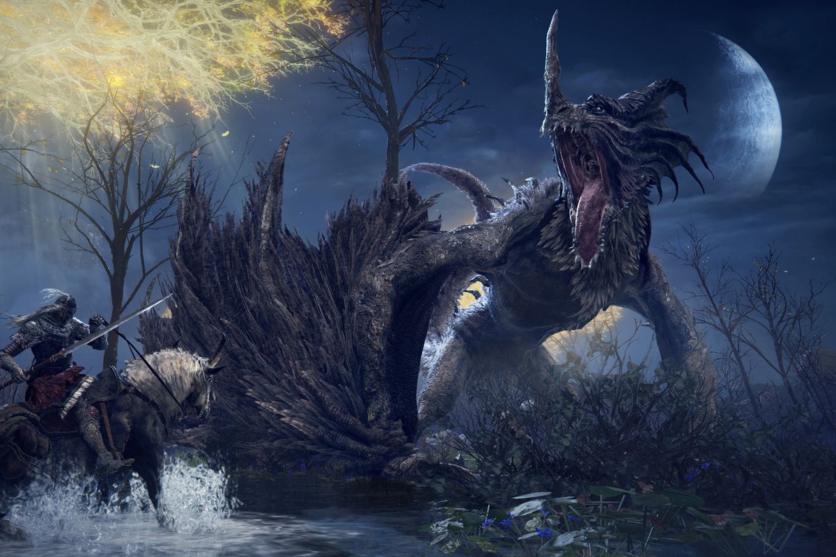 A Tarnished on horseback battles a dragon beneath the moon in Elden Ring