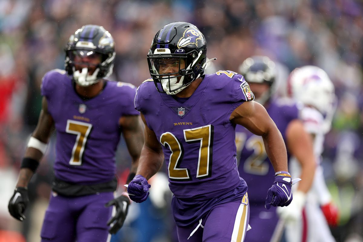 Running back J.K. Dobbins #27 of the Baltimore Ravens celebrates after scoring a first half touchdown against the Buffalo Bills at M&amp;T Bank Stadium on October 02, 2022 in Baltimore, Maryland.