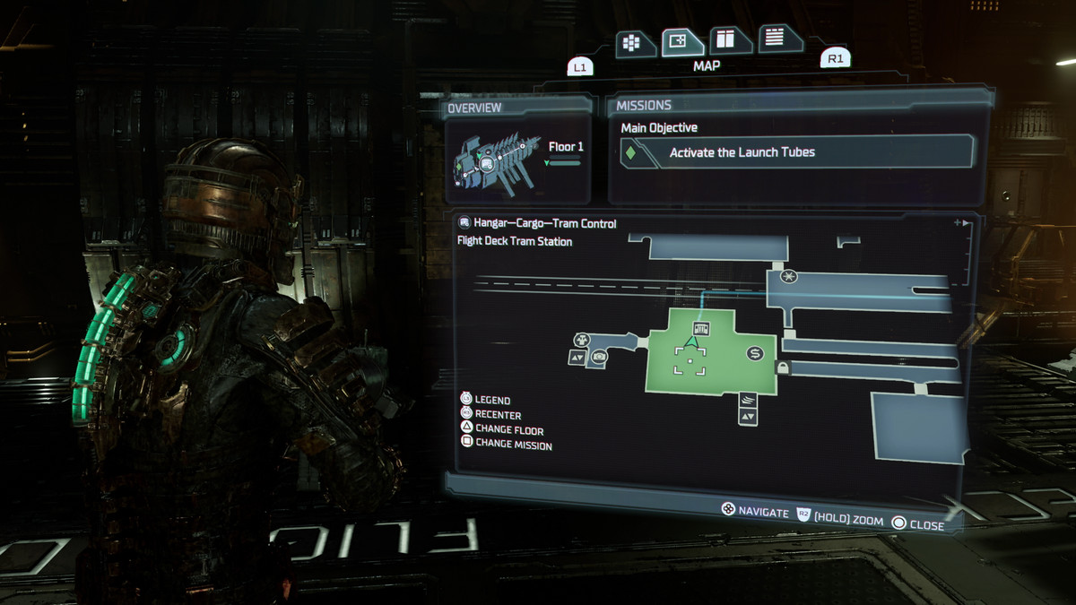 Dead Space Isaac looking at the map of the Hangar-Cargo-Tram Control Flight Deck Tram Station