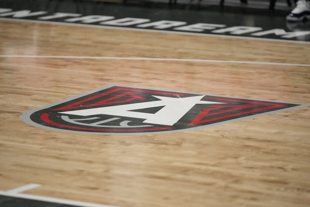 The Atlanta Dream logo seen on the court during the game on June 26, 2021 at Gateway Center Arena in College Park, Georgia.