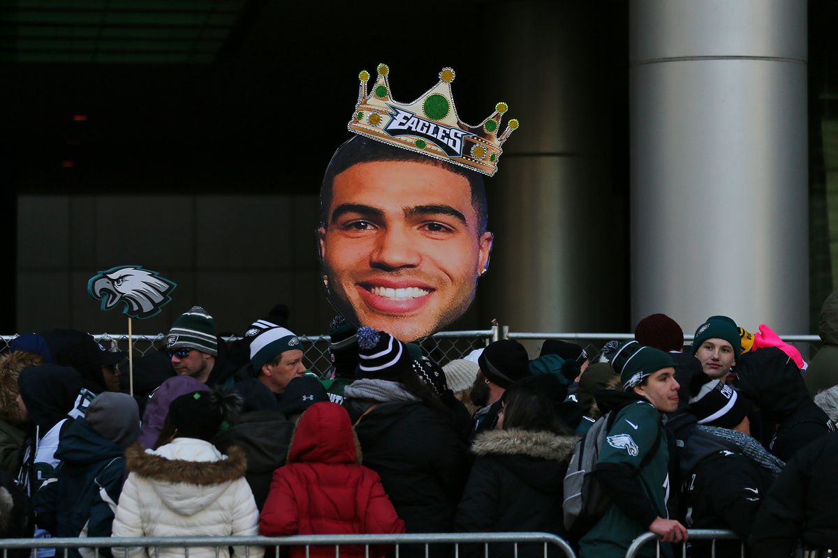 Fans hold a cut out head of Mychal Kendricks of the Philadelphia Eagles during their Super Bowl Victory Parade on February 8, 2018 in Philadelphia, Pennsylvania.