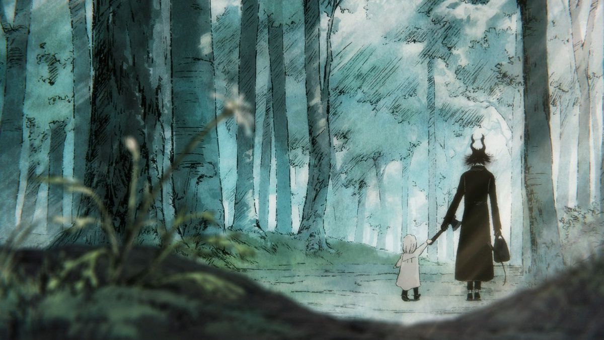 A girl in a white dress walks beside a talk horned creature in a black coat holding an axe in the forest.