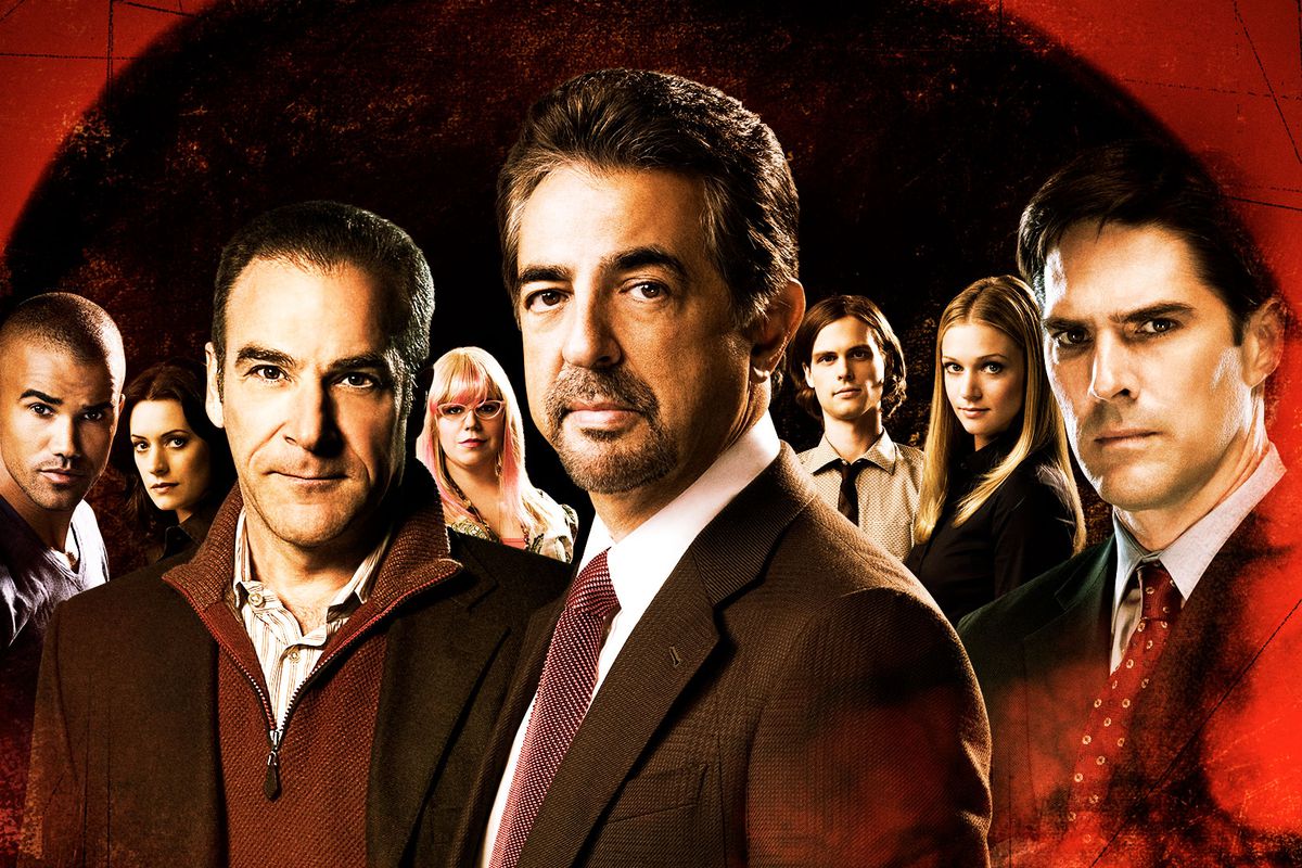 the cast of criminal minds moodily staring with some splashy red overlay