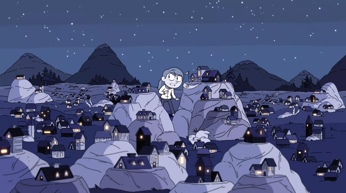 Hilda standing in a large area speckled with elf houses