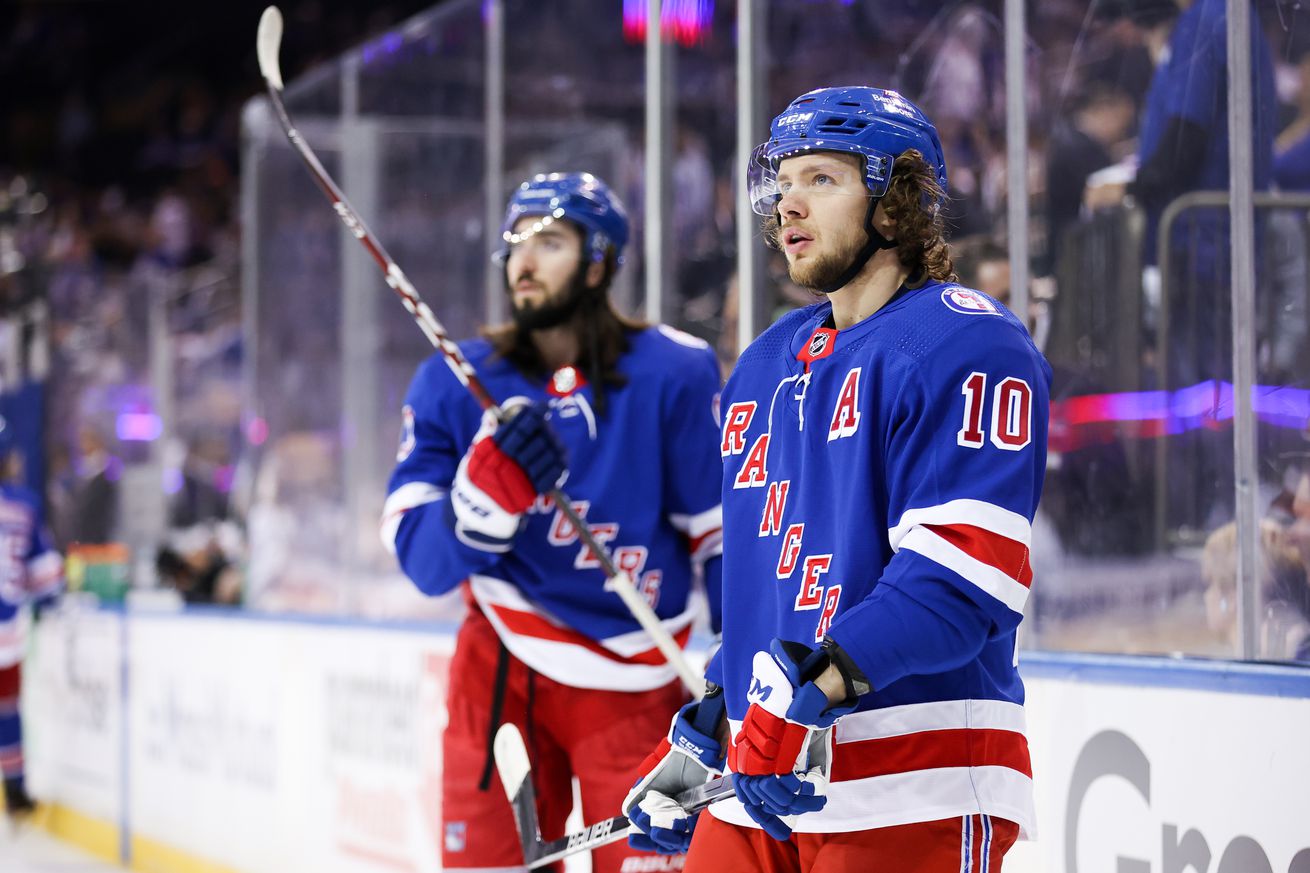 New York Rangers Center Mika Zibanejad (93) and New York Rangers Left Wing Artemi Panarin (10) are pictured prior to game 2 of the NHL Stanley Cup Eastern Conference Finals between the Tampa Bay Lightning and the New York Rangers on June 3, 2022 at Madison Square Garden in New York, NY.