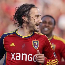 RSL's Ned Grabavoy celebrates his goal in an MLS game between Real Salt Lake and San Jose at Rio Tinto Stadium in Sandy on Saturday, June 1, 2013. RSL beat the Earthquakes 3-0.