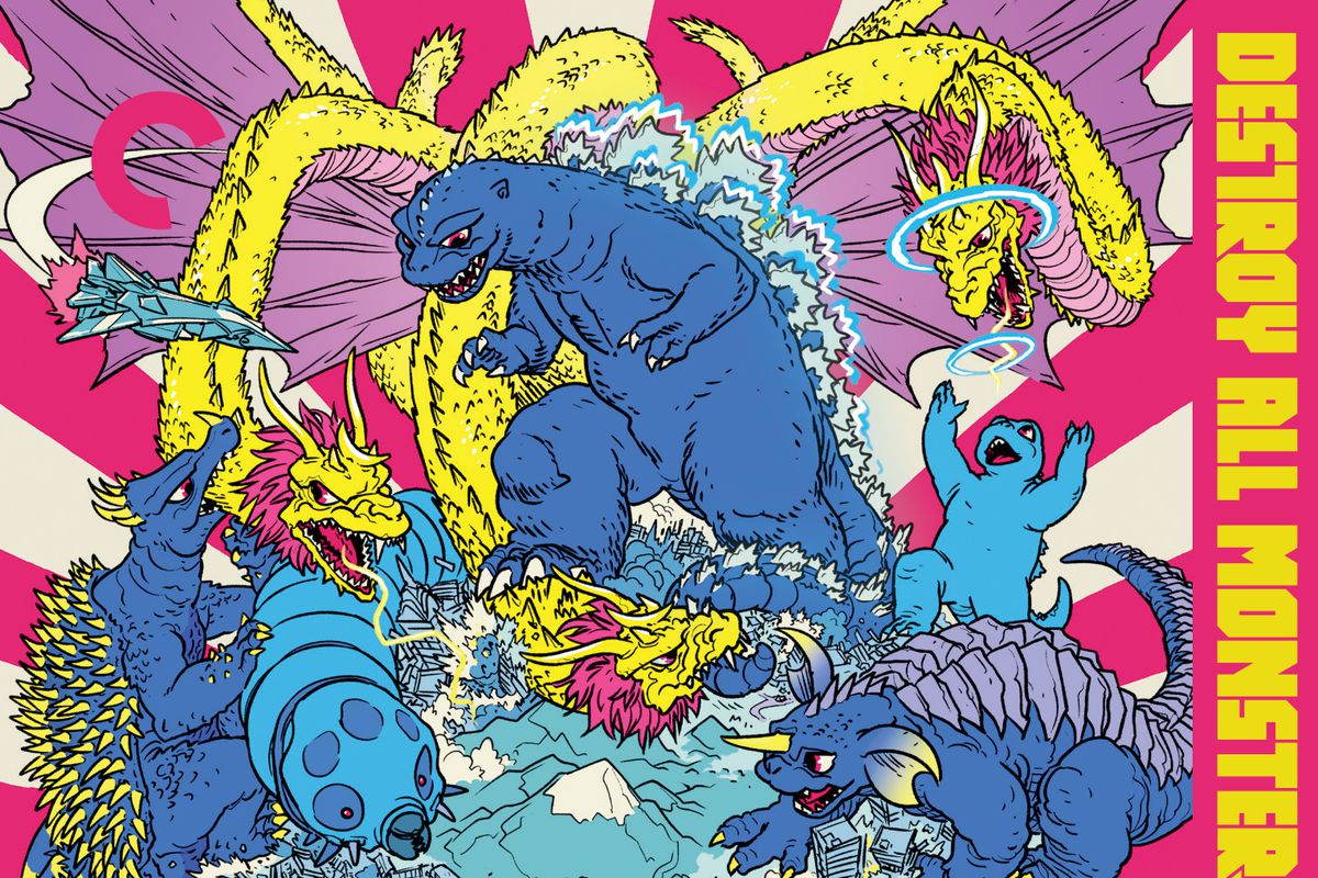 A movie poster entitled “Destroy All Monsters” in which a brightly purple colored Godzilla takes on similarly colored monster adversaries.