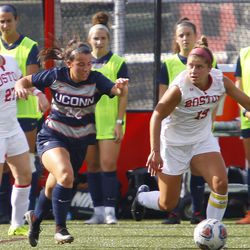 The UConn Huskies take on the Boston University Terriers in a women’s college soccer game at Nickerson Field in Boston, MA on September 2, 2018.
