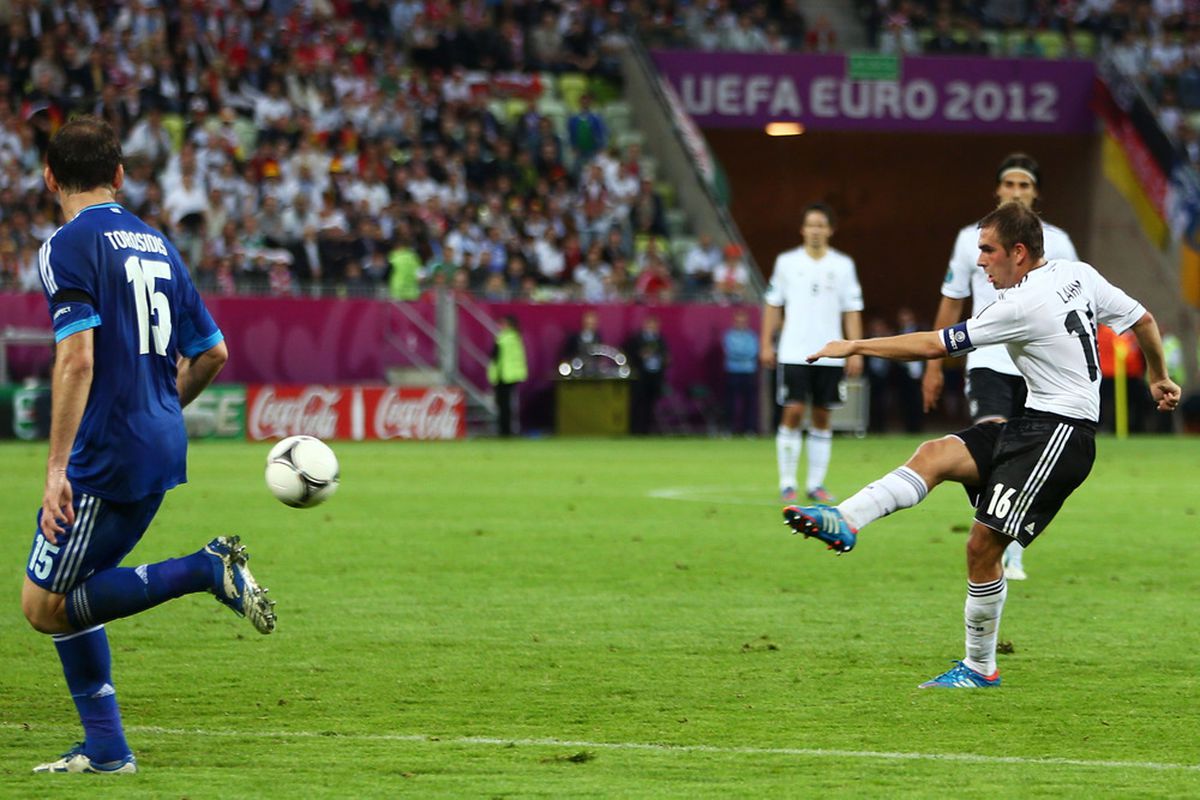 GDANSK, POLAND - JUNE 22:  Philipp Lahm of Germany scores their first goal during the UEFA EURO 2012 quarter final match between Germany and Greece at The Municipal Stadium on June 22, 2012 in Gdansk, Poland.  (Photo by Michael Steele/Getty Images)