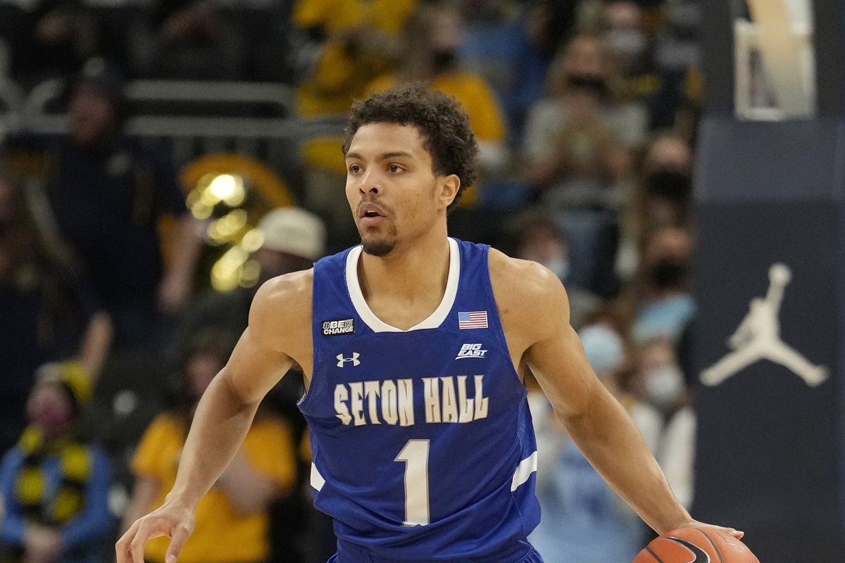 Bryce Aiken of the Seton Hall Pirates dribbles the ball against the Marquette Golden Eagles during the first half at Fiserv Forum on January 15, 2022 in Milwaukee, Wisconsin.