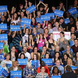 The crowd cheers before a rally for Democratic presidential candidate Bernie Sanders at West High School in Salt Lake City on Monday, March 21, 2016. 