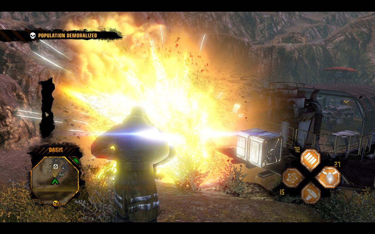 An explosion detonates in front of the hero of Red Faction Guerilla
