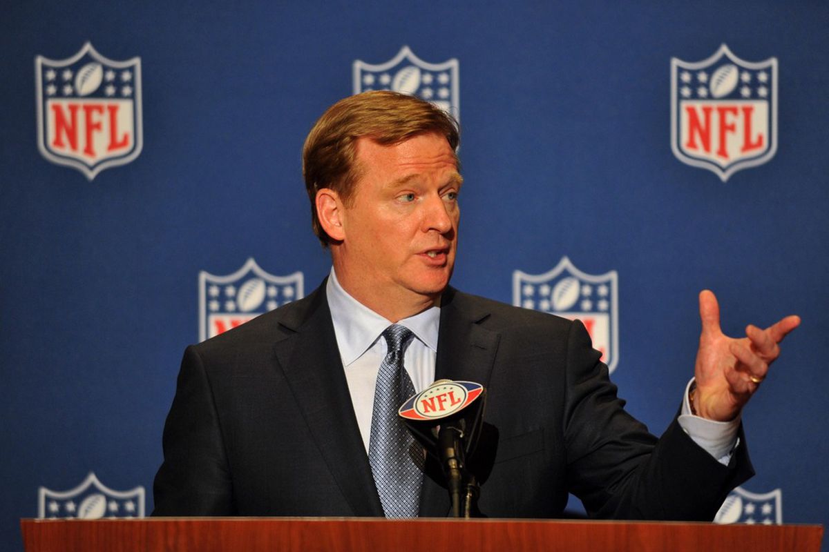 March 25,  2012; Palm Beach, FL, USA;  NFL commissioner Roger Goodell speaks during an press conference at the annual NFL meetings at the Breakers Hotel. Mandatory Credit: Steve Mitchell-US PRESSWIRE