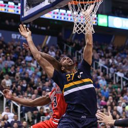 Utah Jazz center Rudy Gobert (27) lays it up during a game against the Chicago Bulls at Vivint Arena in Salt Lake City Thursday, Nov. 17, 2016.