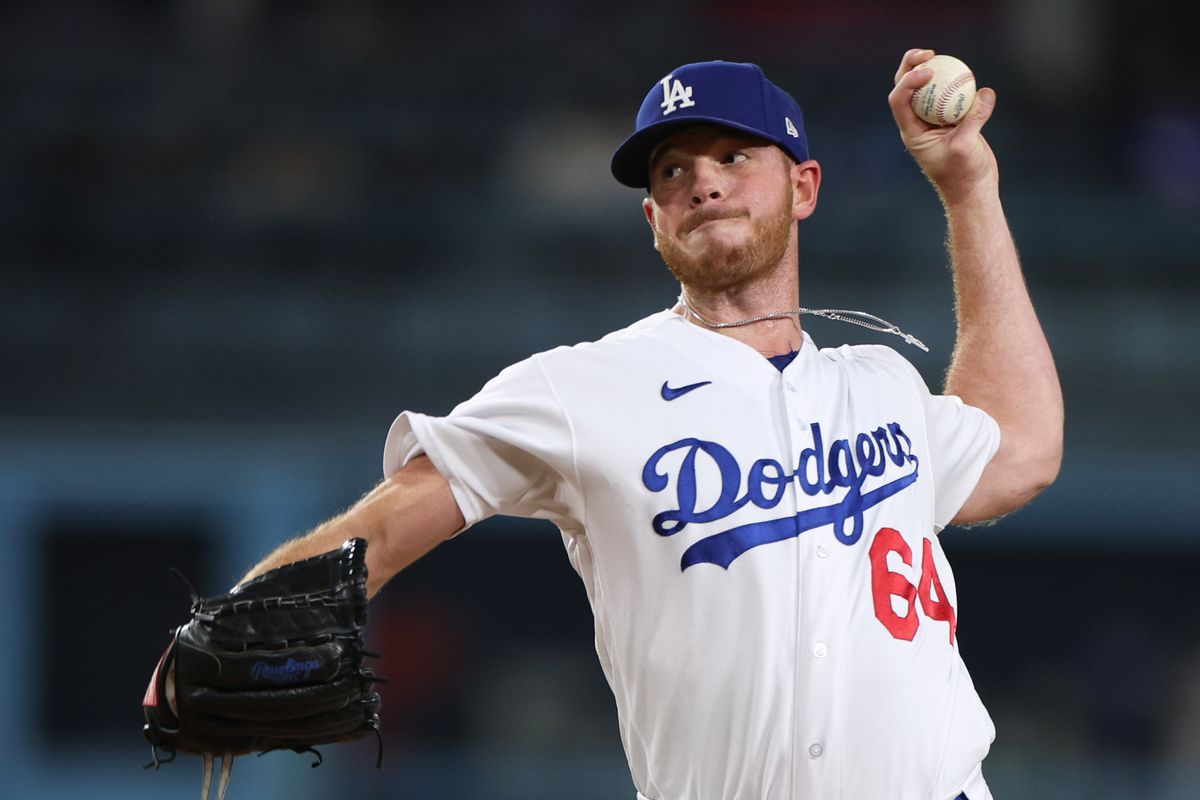Caleb Ferguson of the Los Angeles Dodgers pitches during the first inning against the Detroit Tigers at Dodger Stadium on September 19, 2023 in Los Angeles, California.