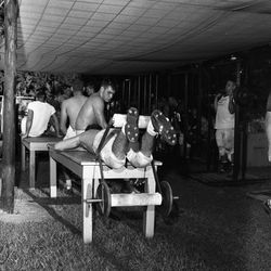 1964-Weight room-FSU football players lifting weights after practice in Tallahassee. 