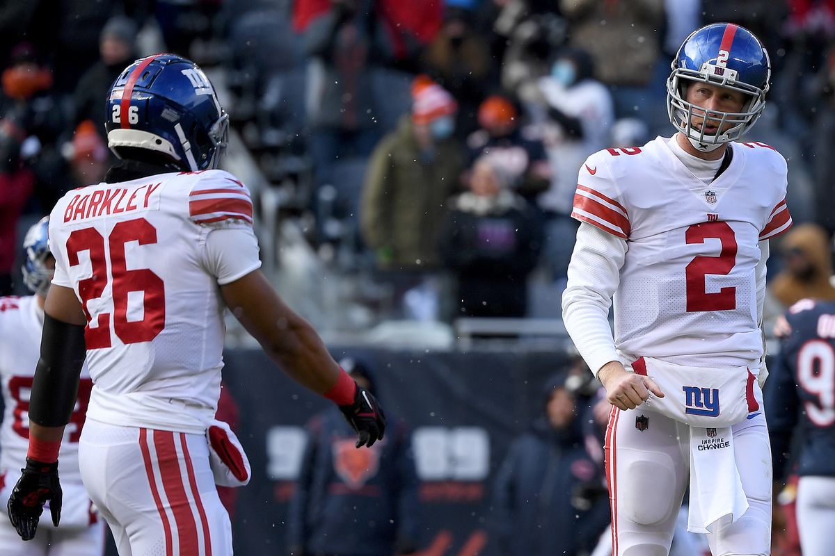 Mike Glennon #2 of the New York Giants reacts after fumbling in the first quarter of the game against the Chicago Bears at Soldier Field on January 02, 2022 in Chicago, Illinois.