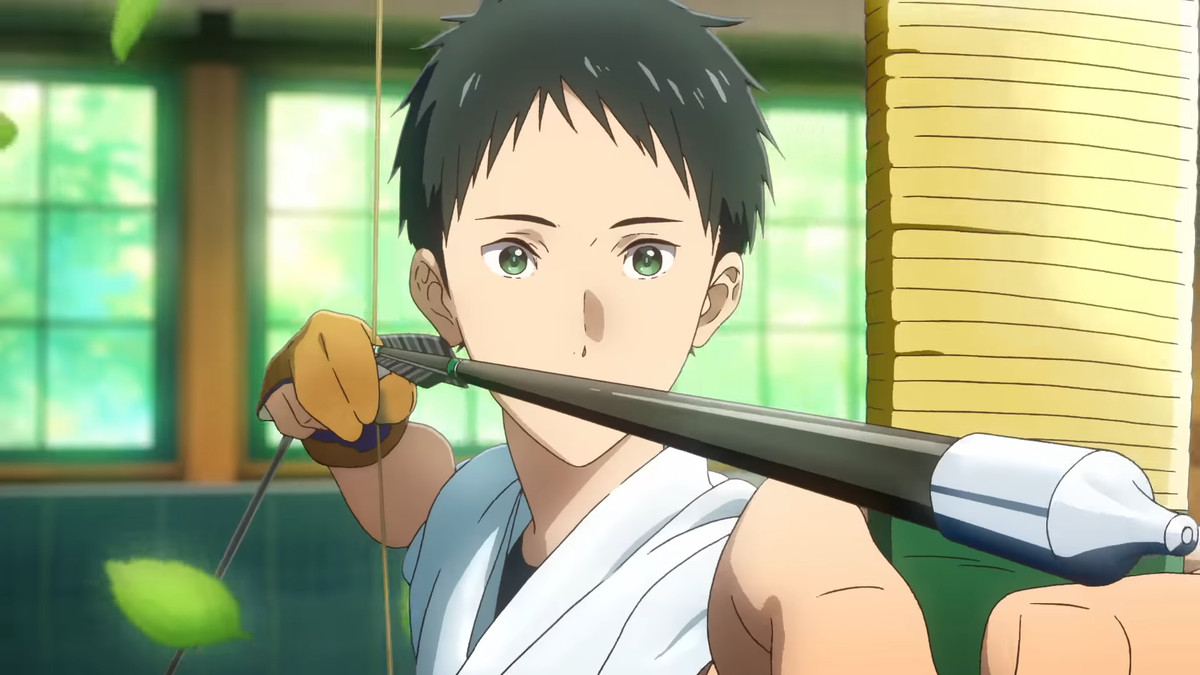 An anime boy in a white shirt aims and holds a bow and arrow.