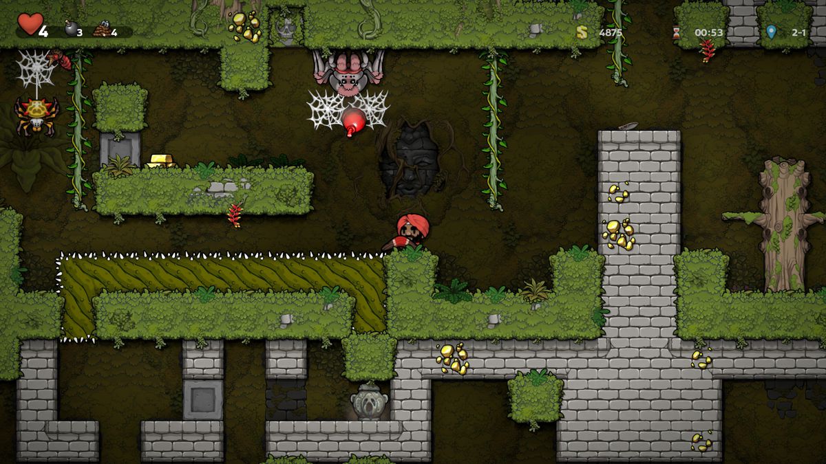 In Spelunky 2, our hero is about to murder a spider with a bomb.