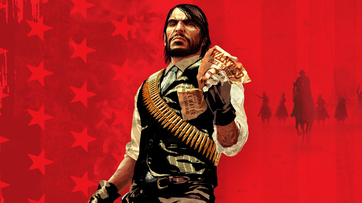 John Marston hold up a handful of bills in key art for Red Dead Redemption.