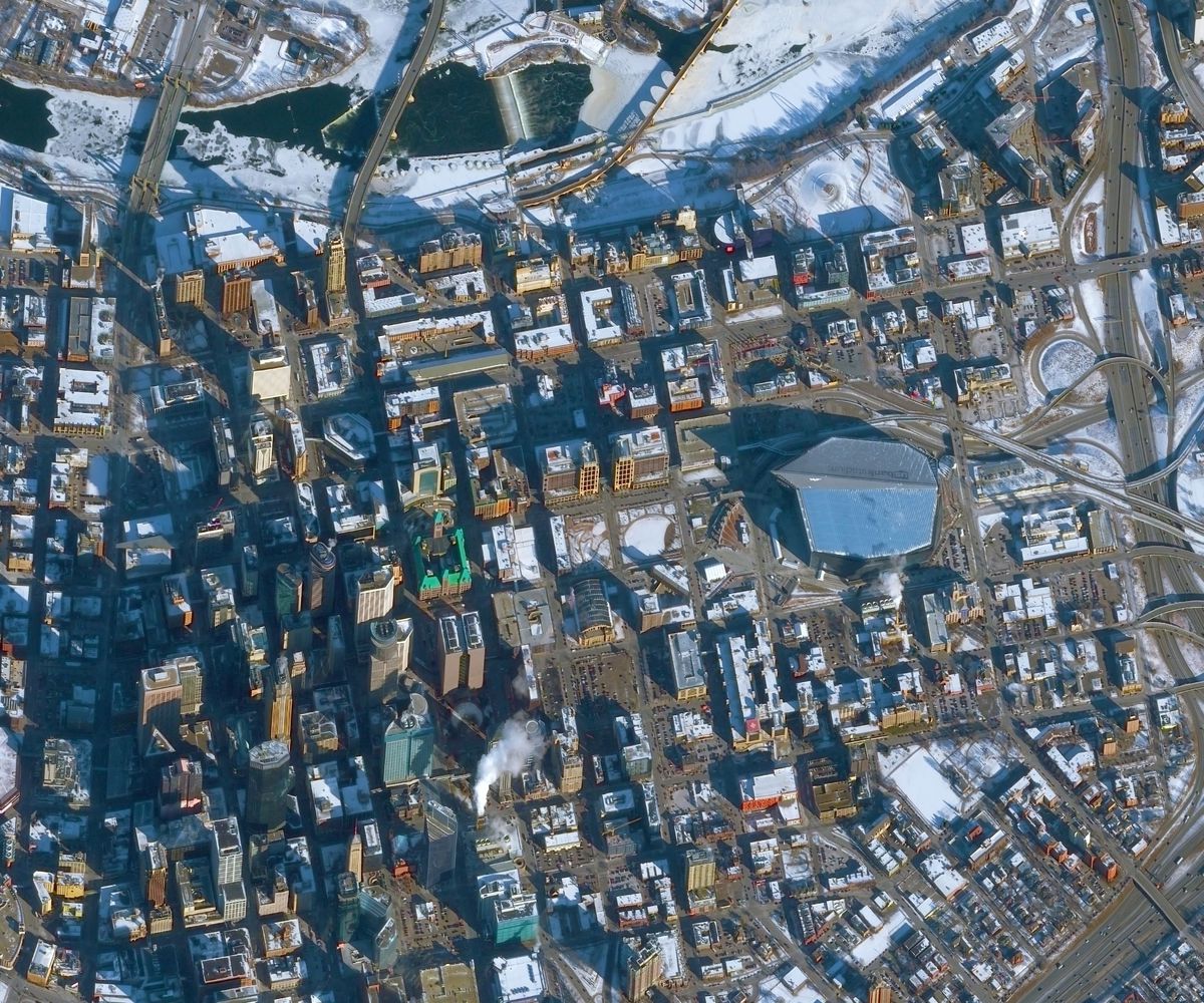 DigitalGlobe satellite image downtown Minneapolis and U.S. Bank Stadium - home to Super Bowl LII.