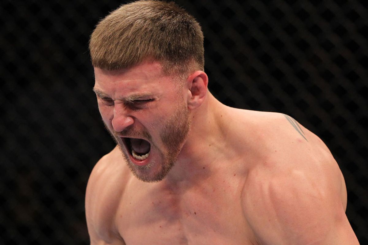 OMAHA, NE - FEBRUARY 15: Stipe Miocic reacts after knocking out Phil De Fries during the UFC on FUEL TV event at Omaha Civic Auditorium on February 15, 2012 in Omaha, Nebraska. (Photo by Josh Hedges/Zuffa LLC/Zuffa LLC via Getty Images.)
