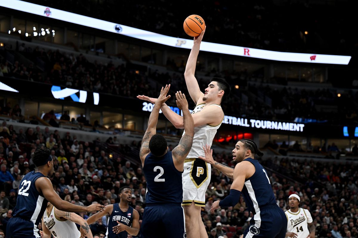 Zach Edey of the Purdue Boilermakers shoots the ball against Myles Dread of the Penn State Nittany Lions during the first half in the Big Ten Basketball Tournament Championship game at United Center on March 12, 2023 in Chicago, Illinois.