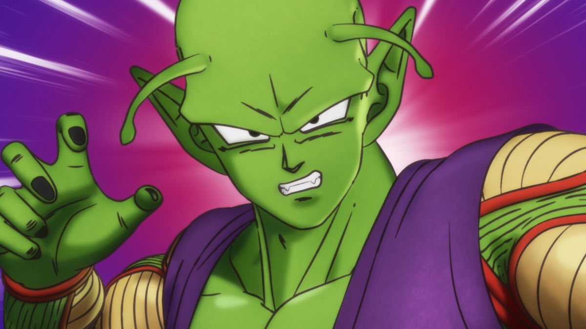 Piccolo snarls against a stylized backdrop of motion lines and dark colors in Dragon Ball Super: Super Hero