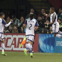 Real Salt Lake forward Joao Plata (10) celebrates after scoring a goal during the first half against the Portland Timbers during an MLS soccer game at Providence Park in Portland, Ore., Saturday, March 19, 2016. (AP Photo/Troy Wayrynen)