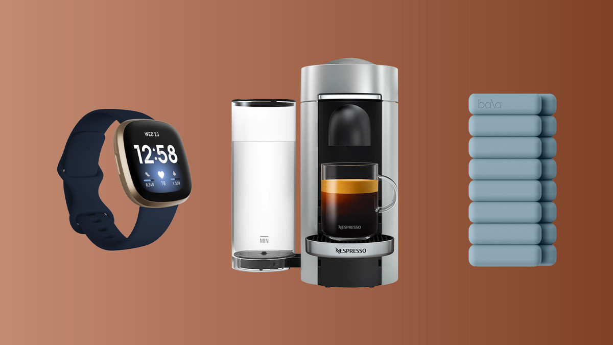 A smart watch, coffee maker and ankle weights in a collage