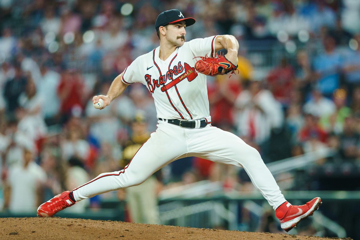 Spencer Strider of the Atlanta Braves pitches during the 5th inning against the San Diego Padres in the Braves season home opener at Truist Park on April 6, 2023 in Atlanta, Georgia.