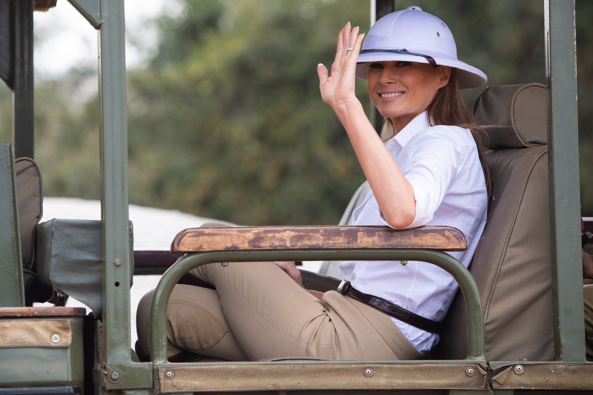 First Lady Melania Trump wearing safari-style clothing in Kenya.