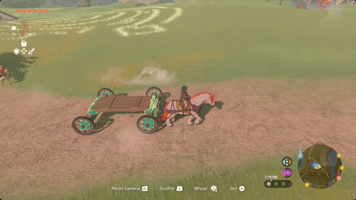 The Legend of Zelda: Tears of the Kingdom&nbsp;Link riding a horse with a red mane towing a wagon with the Towing Harness.