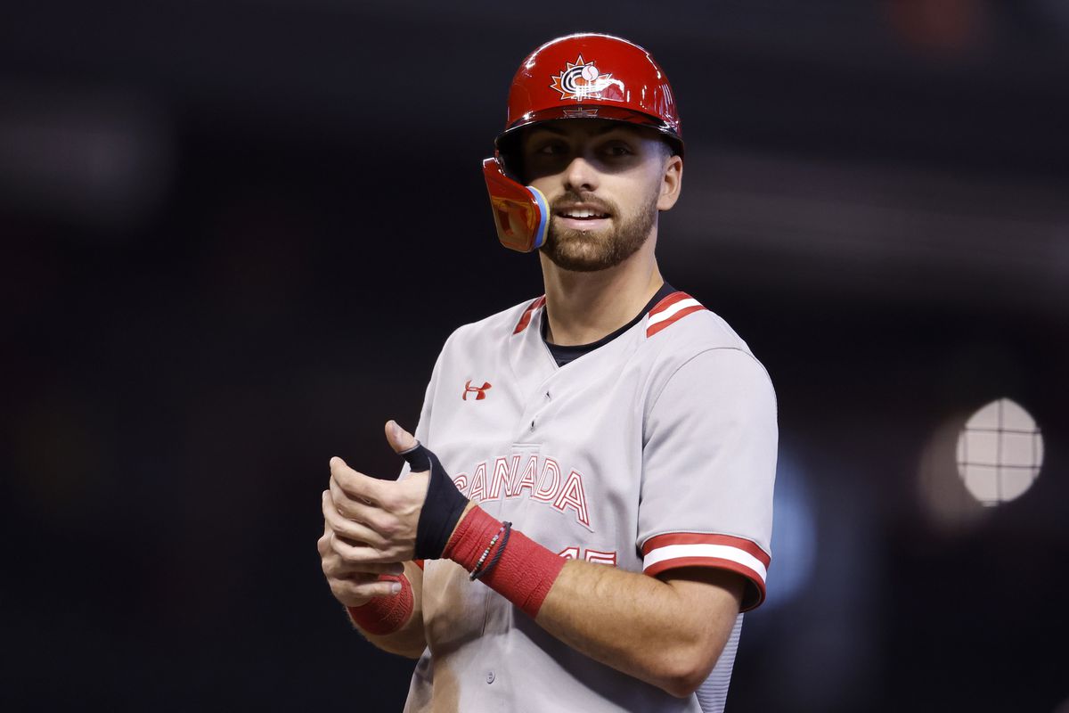 Edouard Julien of Team Canada looks on against Team Colombia during the fourth inning of the World Baseball Classic Pool C game at Chase Field on March 14, 2023 in Phoenix, Arizona.