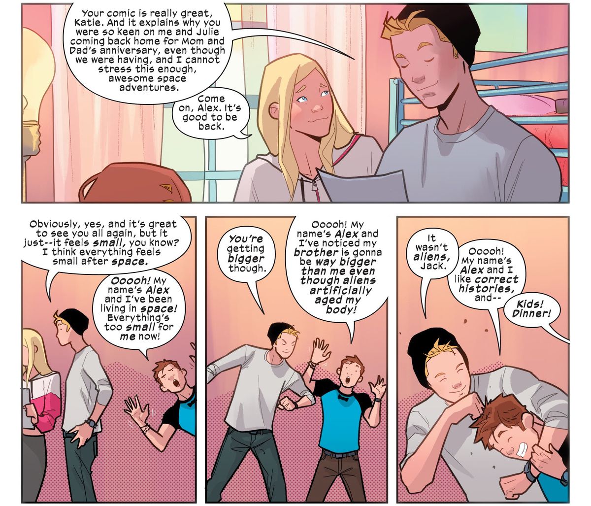 The Power Pack siblings banter. Younger brother Jack makes fun of Alex for getting a big head over having so many space adventures without the rest of them, resulting in noogies, in Power Pack #1, Marvel Comics (2020). 