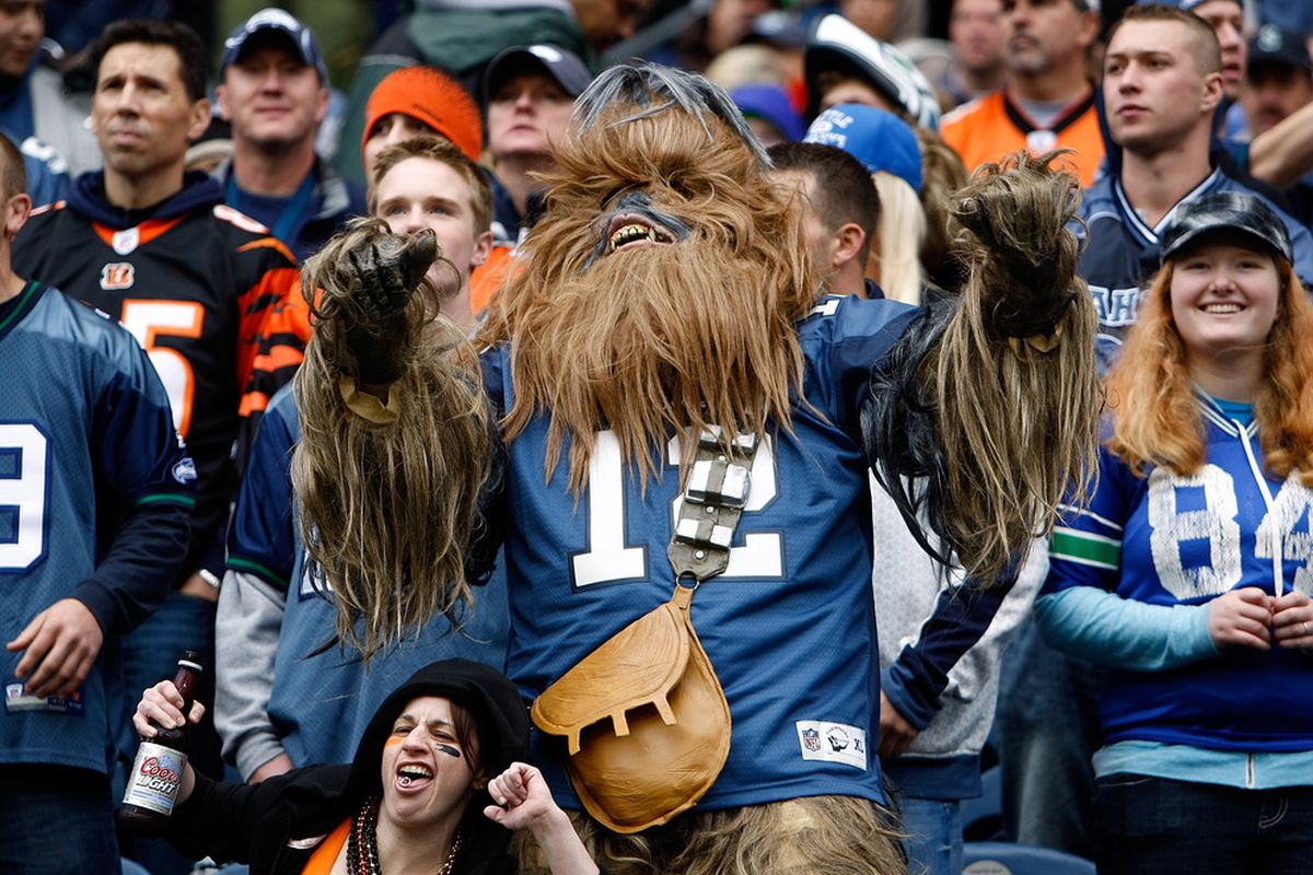 SEATTLE - OCTOBER 30:  A fan dressed as Chewbacca dances during the game between the Seattle Seahawks and the Cincinnati Bengals on October 30, 2011 at Century Link Field in Seattle, Washington.  (Photo by Jonathan Ferrey/Getty Images)