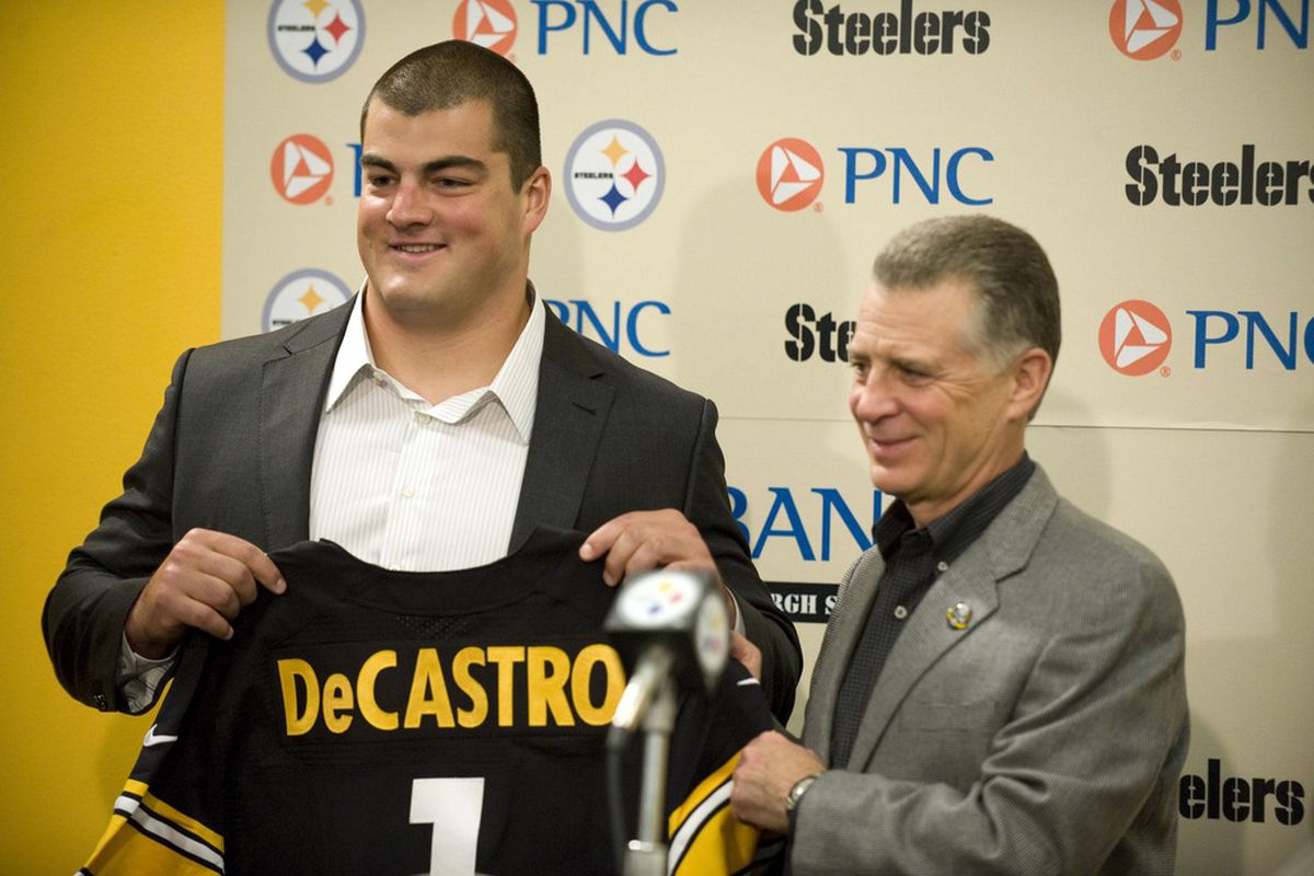 Apr 27, 2012; Pittsburgh, PA, USA; Pittsburgh Steelers first round draft pick David DeCastro is introduced by president Art Rooney II during a press conference at UPMC Sports Performance Complex.  Mandatory Credit: Vincent Pugliese-US PRESSWIRE